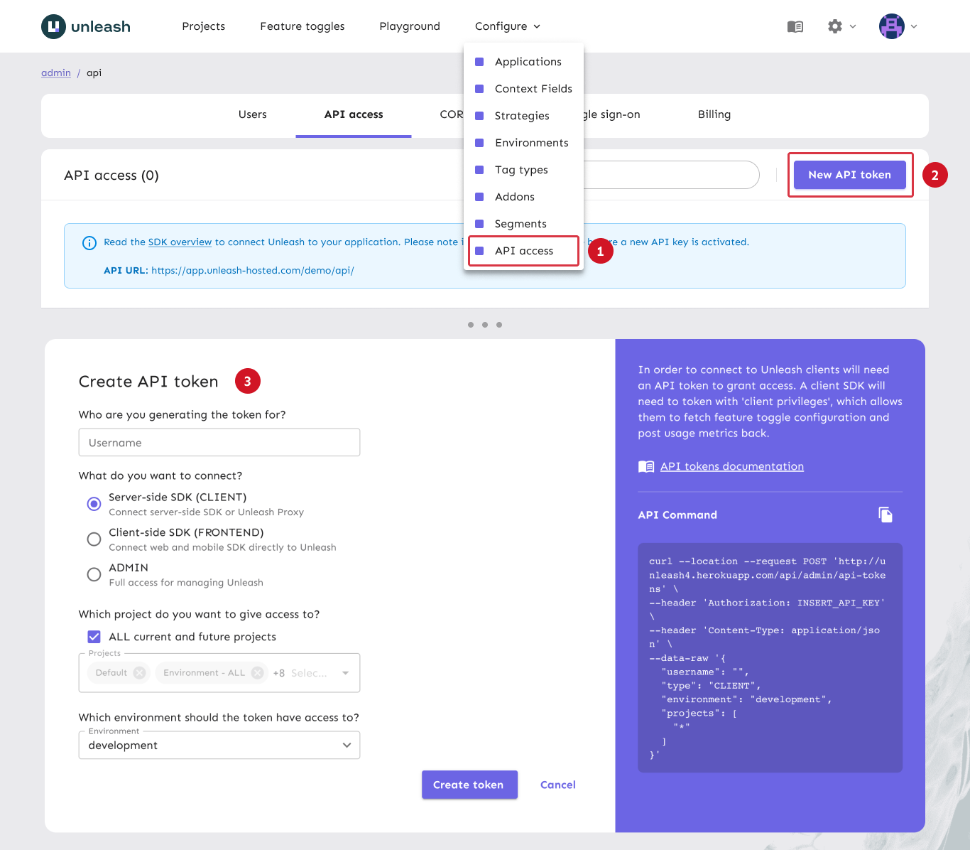 An API key creation form. The form&#39;s fields are &quot;username&quot;, &quot;token type&quot;, &quot;project&quot;, and, crucially, &quot;environment&quot;. The development environment is selected.